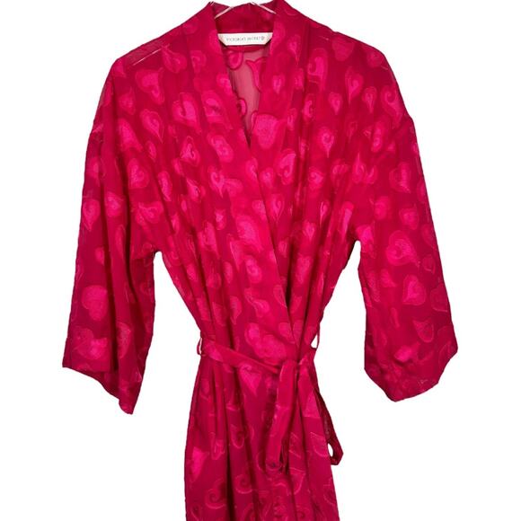 Vintage Victoria's Secret Hot Pink Heart Semi Sheer Robe Small Long Maxi Kimono - Picture 2 of 5